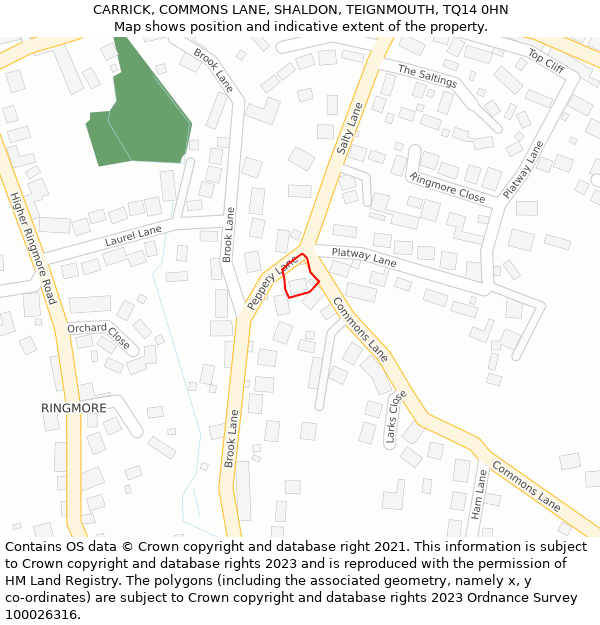 CARRICK, COMMONS LANE, SHALDON, TEIGNMOUTH, TQ14 0HN: Location map and indicative extent of plot