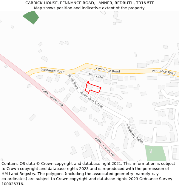 CARRICK HOUSE, PENNANCE ROAD, LANNER, REDRUTH, TR16 5TF: Location map and indicative extent of plot