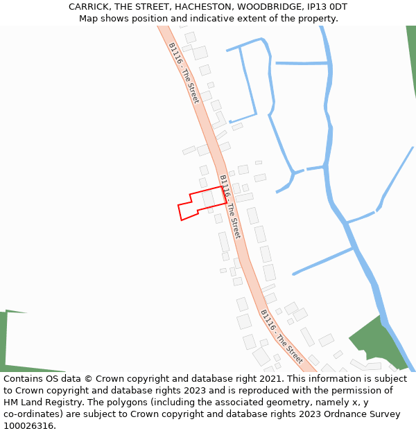 CARRICK, THE STREET, HACHESTON, WOODBRIDGE, IP13 0DT: Location map and indicative extent of plot