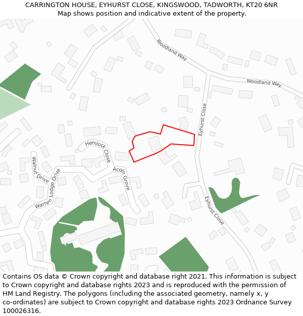 CARRINGTON HOUSE, EYHURST CLOSE, KINGSWOOD, TADWORTH, KT20 6NR: Location map and indicative extent of plot
