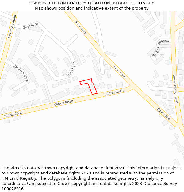 CARRON, CLIFTON ROAD, PARK BOTTOM, REDRUTH, TR15 3UA: Location map and indicative extent of plot