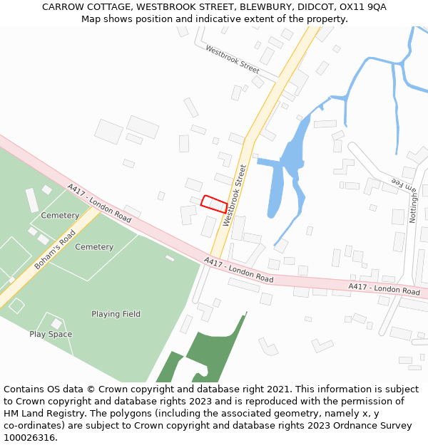 CARROW COTTAGE, WESTBROOK STREET, BLEWBURY, DIDCOT, OX11 9QA: Location map and indicative extent of plot