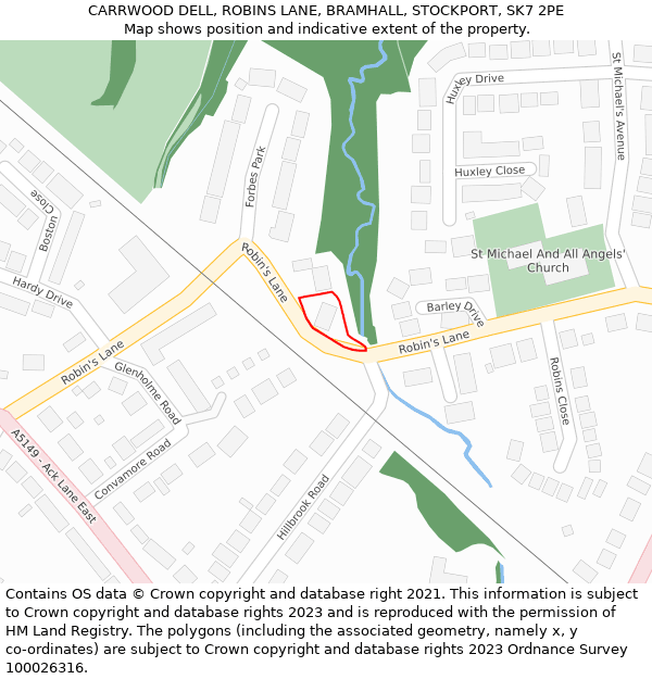 CARRWOOD DELL, ROBINS LANE, BRAMHALL, STOCKPORT, SK7 2PE: Location map and indicative extent of plot