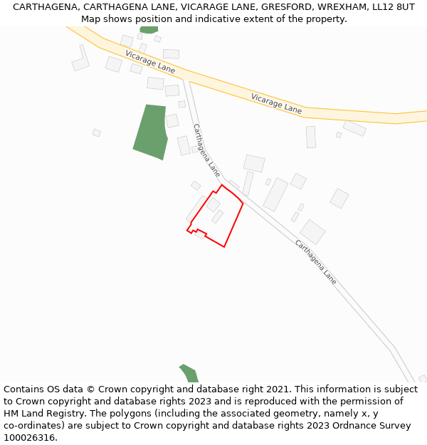 CARTHAGENA, CARTHAGENA LANE, VICARAGE LANE, GRESFORD, WREXHAM, LL12 8UT: Location map and indicative extent of plot