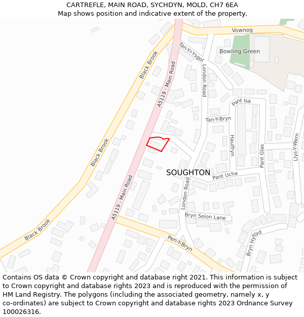 CARTREFLE, MAIN ROAD, SYCHDYN, MOLD, CH7 6EA: Location map and indicative extent of plot