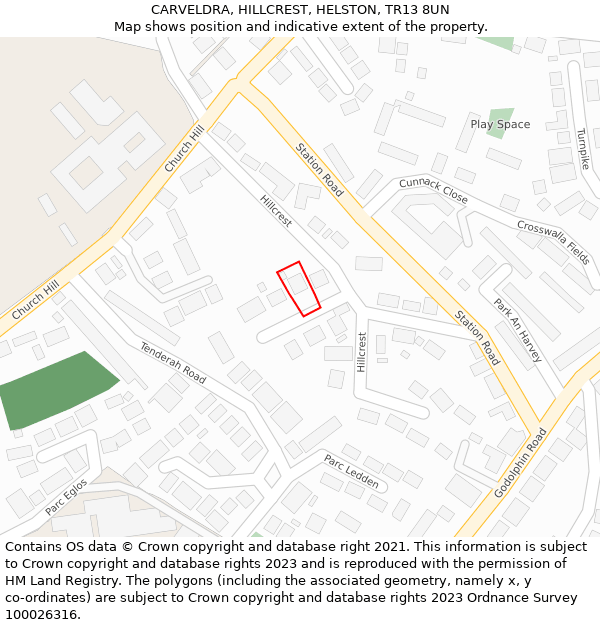 CARVELDRA, HILLCREST, HELSTON, TR13 8UN: Location map and indicative extent of plot