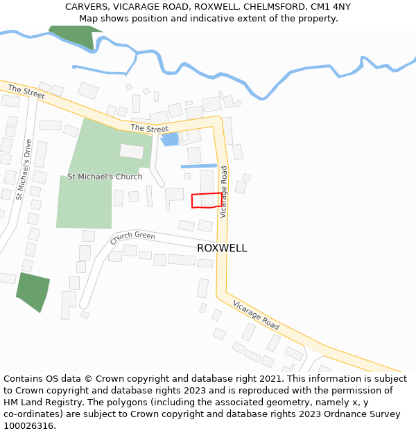 CARVERS, VICARAGE ROAD, ROXWELL, CHELMSFORD, CM1 4NY: Location map and indicative extent of plot