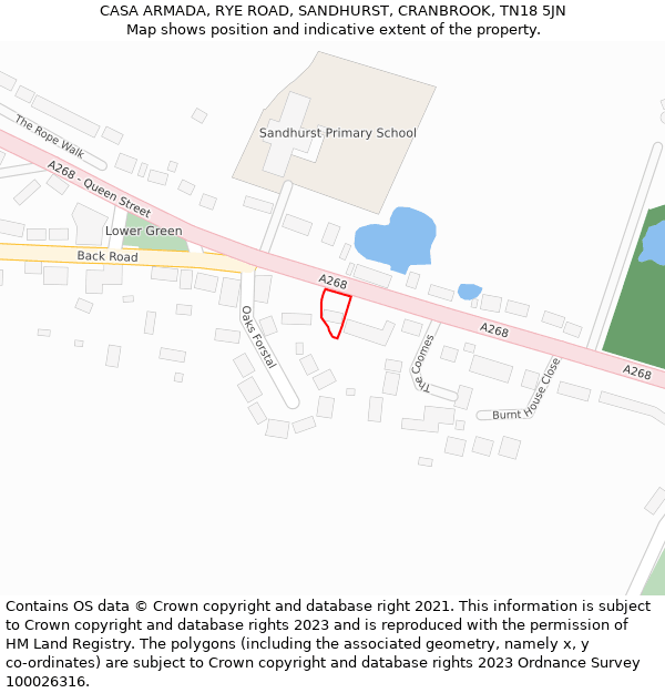 CASA ARMADA, RYE ROAD, SANDHURST, CRANBROOK, TN18 5JN: Location map and indicative extent of plot