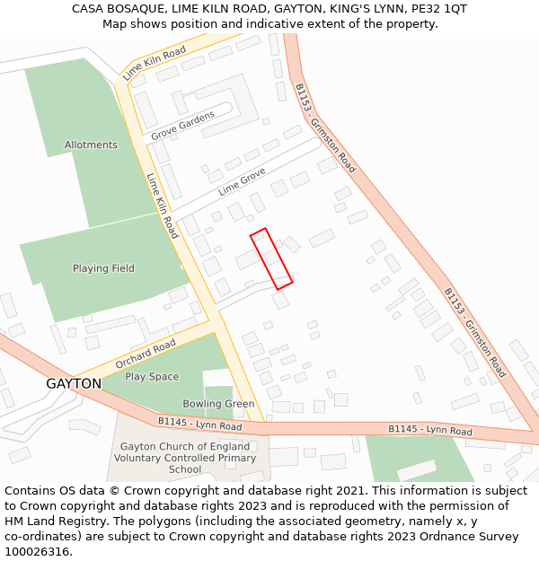 CASA BOSAQUE, LIME KILN ROAD, GAYTON, KING'S LYNN, PE32 1QT: Location map and indicative extent of plot