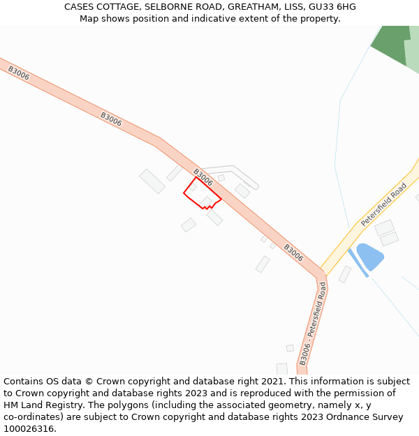 CASES COTTAGE, SELBORNE ROAD, GREATHAM, LISS, GU33 6HG: Location map and indicative extent of plot