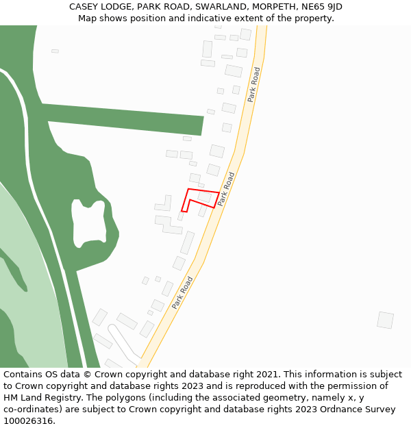 CASEY LODGE, PARK ROAD, SWARLAND, MORPETH, NE65 9JD: Location map and indicative extent of plot