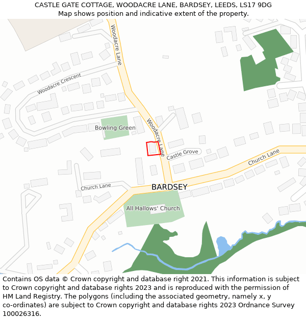 CASTLE GATE COTTAGE, WOODACRE LANE, BARDSEY, LEEDS, LS17 9DG: Location map and indicative extent of plot