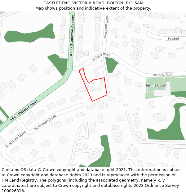 CASTLEDENE, VICTORIA ROAD, BOLTON, BL1 5AN: Location map and indicative extent of plot