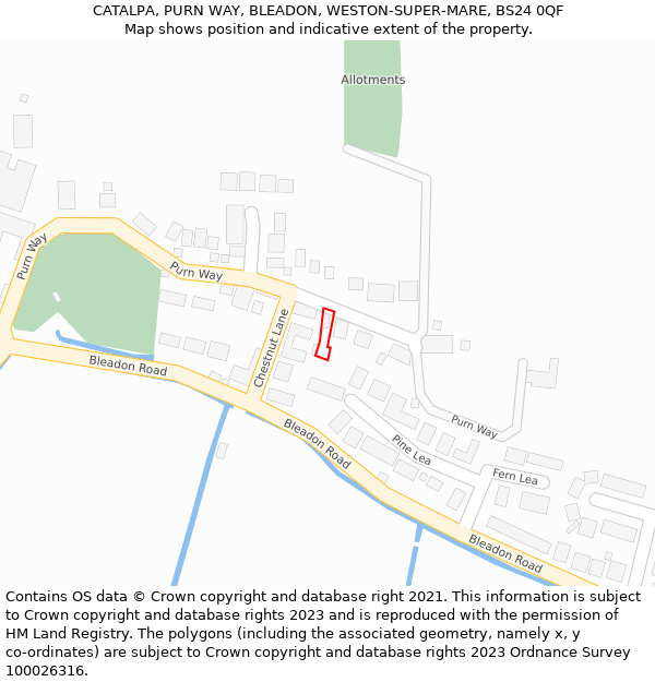 CATALPA, PURN WAY, BLEADON, WESTON-SUPER-MARE, BS24 0QF: Location map and indicative extent of plot