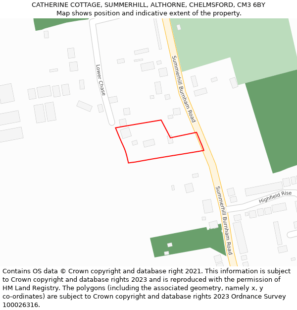 CATHERINE COTTAGE, SUMMERHILL, ALTHORNE, CHELMSFORD, CM3 6BY: Location map and indicative extent of plot