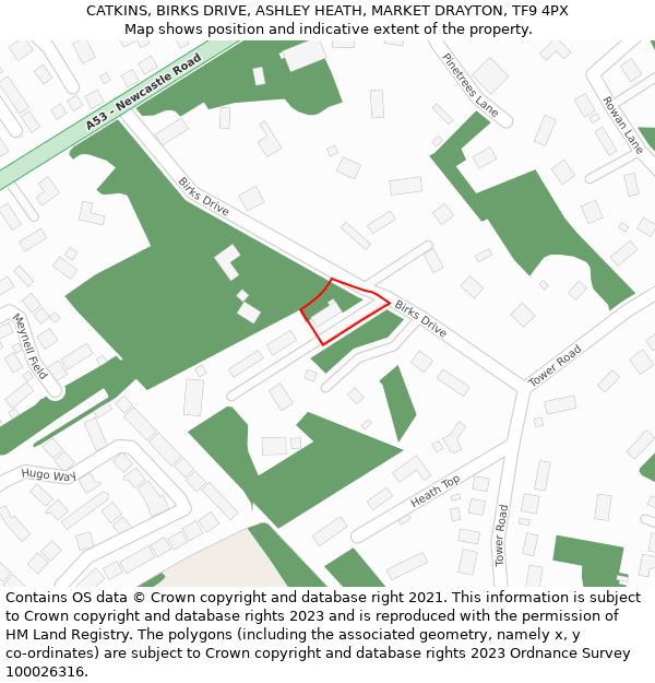 CATKINS, BIRKS DRIVE, ASHLEY HEATH, MARKET DRAYTON, TF9 4PX: Location map and indicative extent of plot