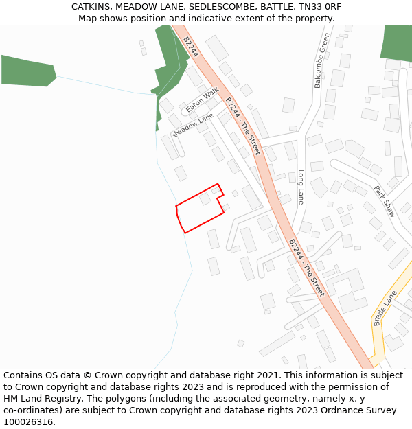 CATKINS, MEADOW LANE, SEDLESCOMBE, BATTLE, TN33 0RF: Location map and indicative extent of plot