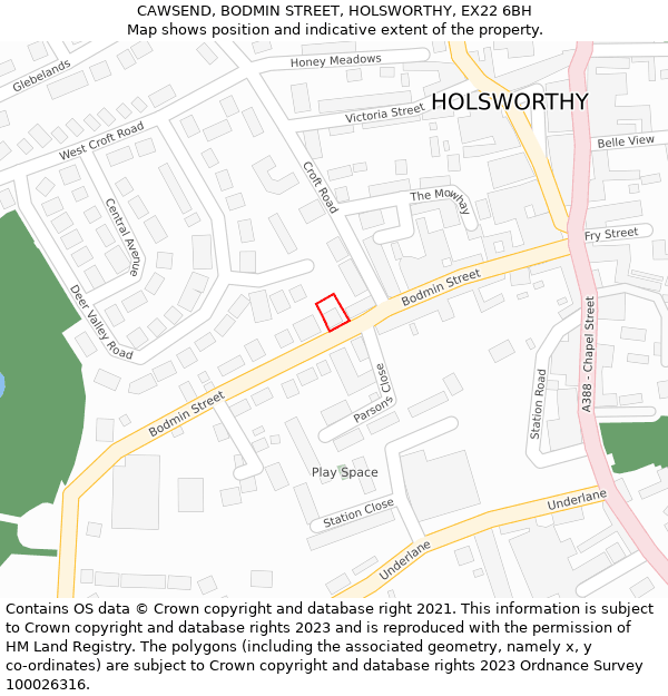 CAWSEND, BODMIN STREET, HOLSWORTHY, EX22 6BH: Location map and indicative extent of plot