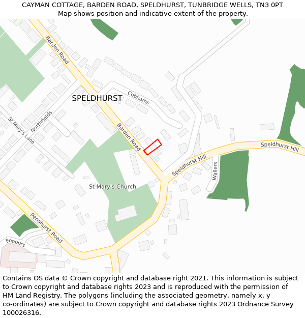 CAYMAN COTTAGE, BARDEN ROAD, SPELDHURST, TUNBRIDGE WELLS, TN3 0PT: Location map and indicative extent of plot