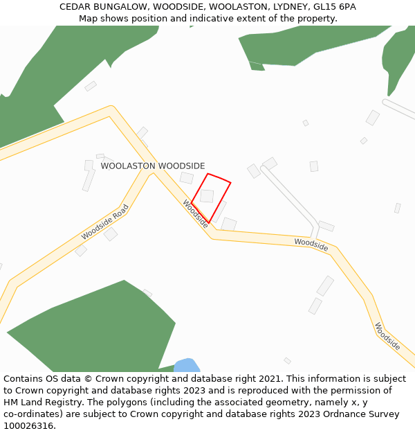 CEDAR BUNGALOW, WOODSIDE, WOOLASTON, LYDNEY, GL15 6PA: Location map and indicative extent of plot