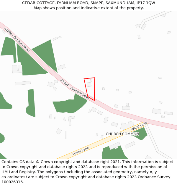 CEDAR COTTAGE, FARNHAM ROAD, SNAPE, SAXMUNDHAM, IP17 1QW: Location map and indicative extent of plot