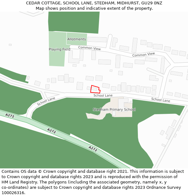CEDAR COTTAGE, SCHOOL LANE, STEDHAM, MIDHURST, GU29 0NZ: Location map and indicative extent of plot