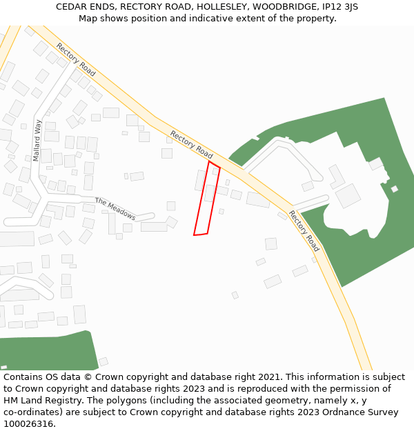 CEDAR ENDS, RECTORY ROAD, HOLLESLEY, WOODBRIDGE, IP12 3JS: Location map and indicative extent of plot