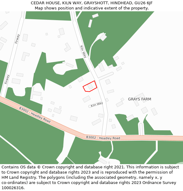 CEDAR HOUSE, KILN WAY, GRAYSHOTT, HINDHEAD, GU26 6JF: Location map and indicative extent of plot