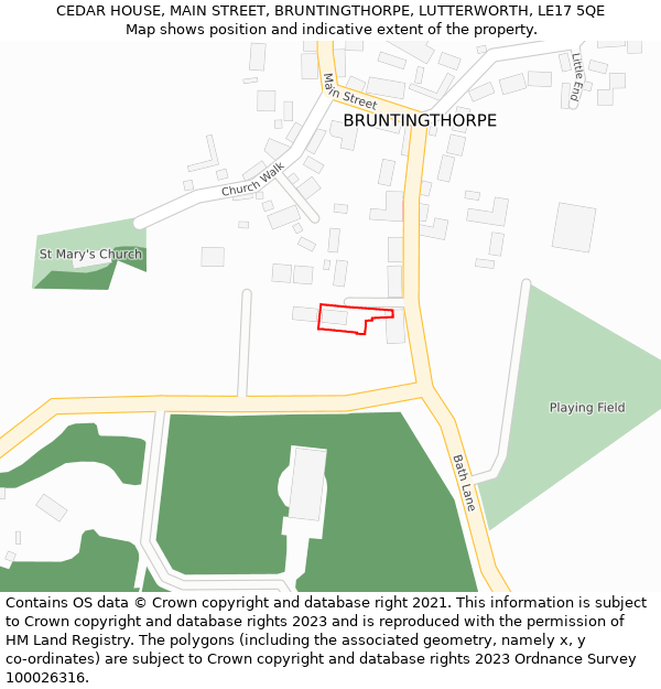 CEDAR HOUSE, MAIN STREET, BRUNTINGTHORPE, LUTTERWORTH, LE17 5QE: Location map and indicative extent of plot