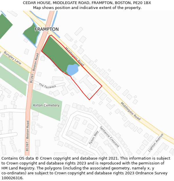 CEDAR HOUSE, MIDDLEGATE ROAD, FRAMPTON, BOSTON, PE20 1BX: Location map and indicative extent of plot
