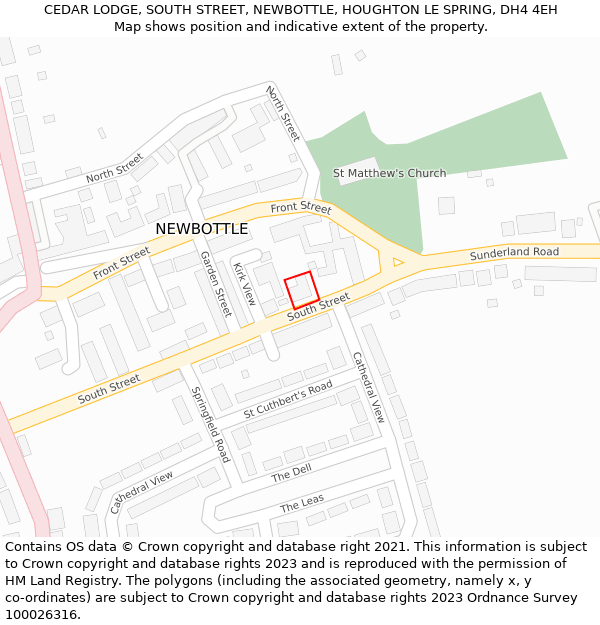 CEDAR LODGE, SOUTH STREET, NEWBOTTLE, HOUGHTON LE SPRING, DH4 4EH: Location map and indicative extent of plot