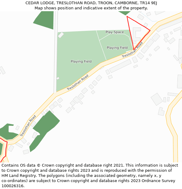 CEDAR LODGE, TRESLOTHAN ROAD, TROON, CAMBORNE, TR14 9EJ: Location map and indicative extent of plot