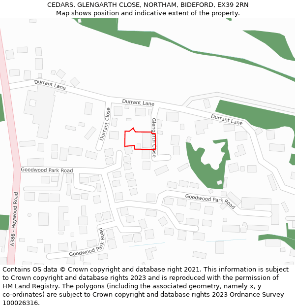 CEDARS, GLENGARTH CLOSE, NORTHAM, BIDEFORD, EX39 2RN: Location map and indicative extent of plot