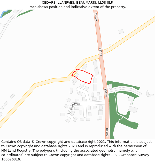 CEDARS, LLANFAES, BEAUMARIS, LL58 8LR: Location map and indicative extent of plot