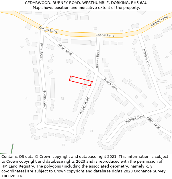 CEDARWOOD, BURNEY ROAD, WESTHUMBLE, DORKING, RH5 6AU: Location map and indicative extent of plot