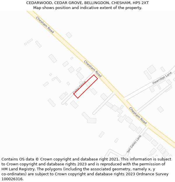 CEDARWOOD, CEDAR GROVE, BELLINGDON, CHESHAM, HP5 2XT: Location map and indicative extent of plot