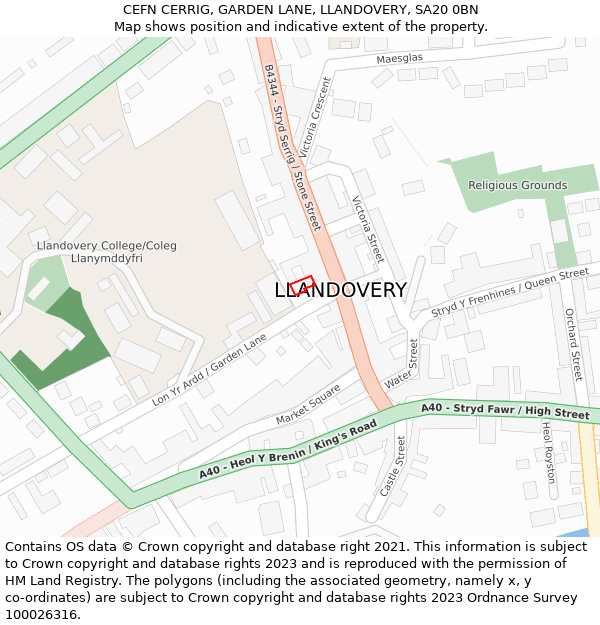 CEFN CERRIG, GARDEN LANE, LLANDOVERY, SA20 0BN: Location map and indicative extent of plot