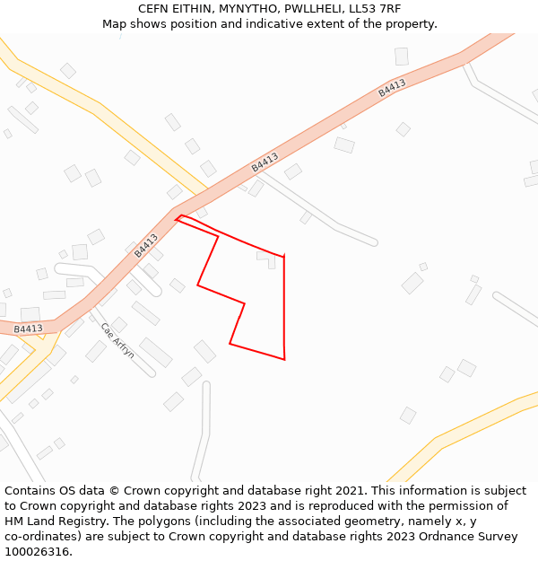 CEFN EITHIN, MYNYTHO, PWLLHELI, LL53 7RF: Location map and indicative extent of plot