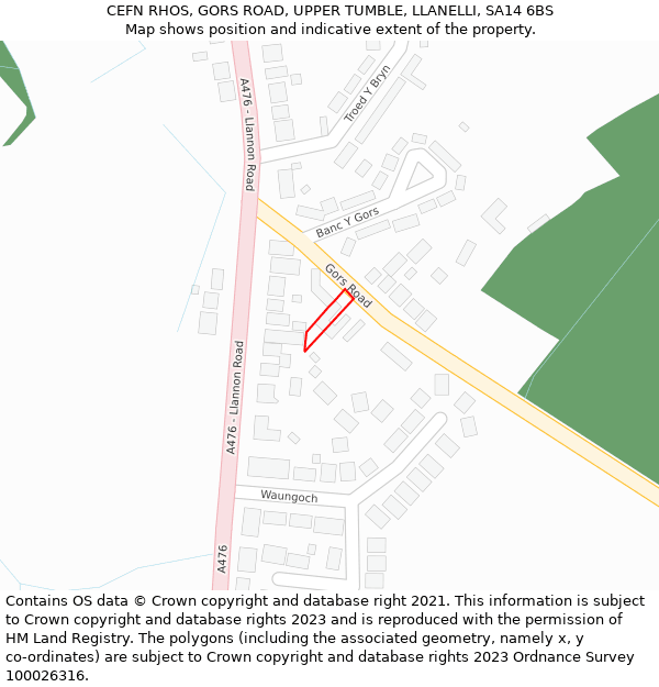 CEFN RHOS, GORS ROAD, UPPER TUMBLE, LLANELLI, SA14 6BS: Location map and indicative extent of plot