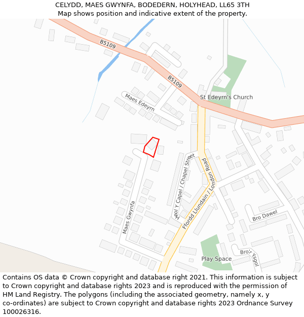 CELYDD, MAES GWYNFA, BODEDERN, HOLYHEAD, LL65 3TH: Location map and indicative extent of plot