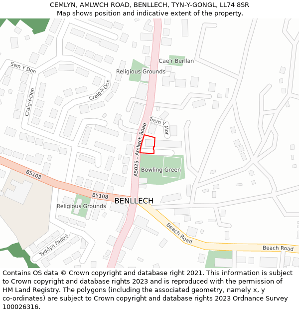 CEMLYN, AMLWCH ROAD, BENLLECH, TYN-Y-GONGL, LL74 8SR: Location map and indicative extent of plot