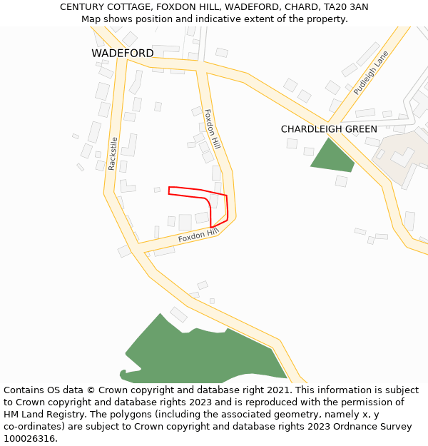 CENTURY COTTAGE, FOXDON HILL, WADEFORD, CHARD, TA20 3AN: Location map and indicative extent of plot