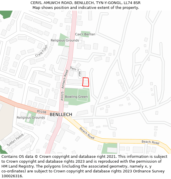 CERIS, AMLWCH ROAD, BENLLECH, TYN-Y-GONGL, LL74 8SR: Location map and indicative extent of plot