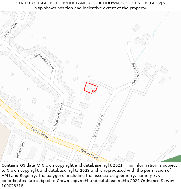 CHAD COTTAGE, BUTTERMILK LANE, CHURCHDOWN, GLOUCESTER, GL3 2JA: Location map and indicative extent of plot