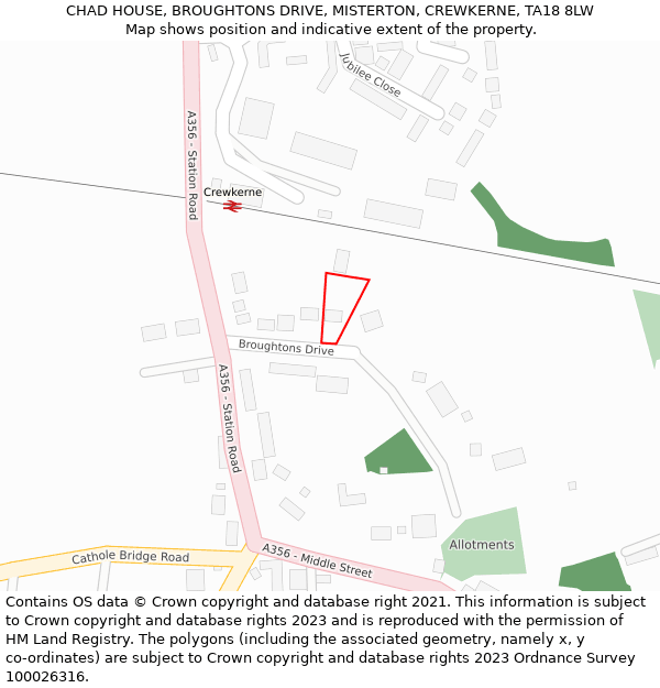 CHAD HOUSE, BROUGHTONS DRIVE, MISTERTON, CREWKERNE, TA18 8LW: Location map and indicative extent of plot