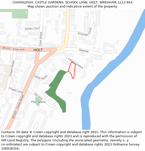 CHADSLEIGH, CASTLE GARDENS, SCHOOL LANE, HOLT, WREXHAM, LL13 9AX: Location map and indicative extent of plot