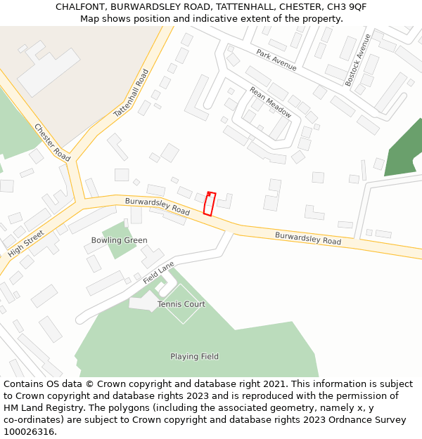 CHALFONT, BURWARDSLEY ROAD, TATTENHALL, CHESTER, CH3 9QF: Location map and indicative extent of plot