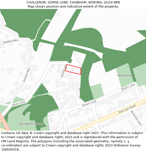 CHALLENOR, GORSE LANE, CHOBHAM, WOKING, GU24 8RB: Location map and indicative extent of plot