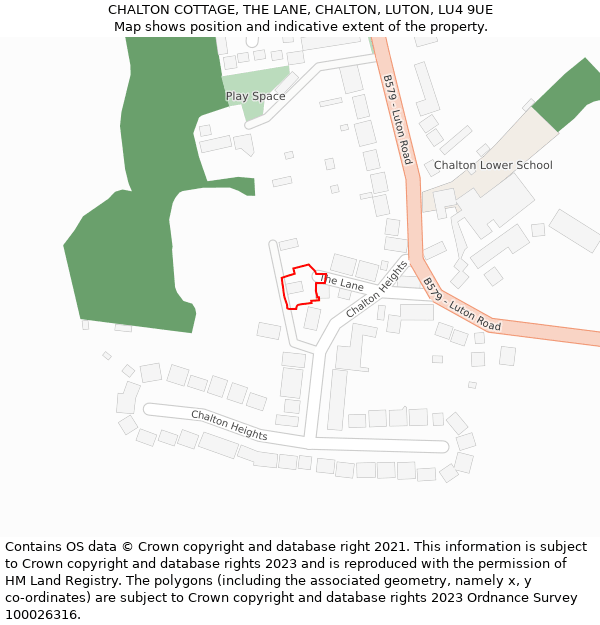 CHALTON COTTAGE, THE LANE, CHALTON, LUTON, LU4 9UE: Location map and indicative extent of plot