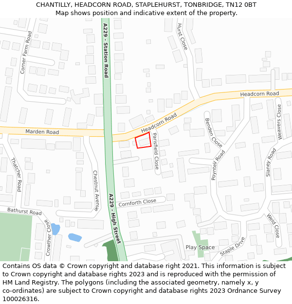 CHANTILLY, HEADCORN ROAD, STAPLEHURST, TONBRIDGE, TN12 0BT: Location map and indicative extent of plot